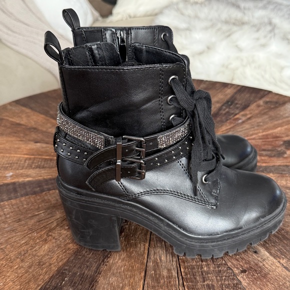 Torrid Black Embellished Rhinestone Chunky Lug Buckle Leather Heeled Booties - Picture 5 of 7